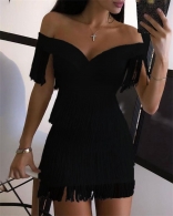Black Off-Shoulder Sleeveless Tassels Women Sexy Mini Dress