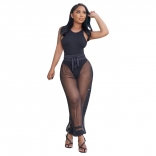 Black Sleeveless O-Neck Mesh Sexy Jumpsuit Sets