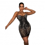 Black Rhinestone Mesh Halter Low-Cut Bodycon Tassels Mini Dress