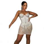 White Rhinestone Mesh Halter Low-Cut Bodycon Tassels Mini Dress