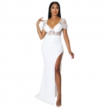 White Lace Low-Cut V-Neck Sexy Evening Bodycon Maxi Dress
