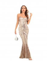 Golden Sequin Halter Sleeveless Women Fashion Long Dress