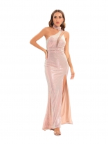 Pink O-Neck Halter Sleeveless Sequin Women Slit Maxi Dress
