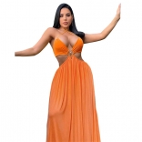 Orange Deep V-Neck Halter Mesh Fashion Women Jersey Dress