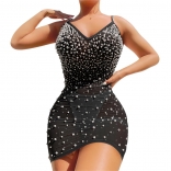 Black Mesh Pearls Low-Cut V-Neck Sexy Club Mini Dress