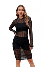 Black 2 Mesh Long Sleeve 3PCS Women Sexy Midi Dress Sets