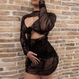Black Long Sleeve Mesh Sexy Women Club Dress