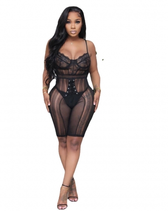 Black Low-Cut Lace Sleeveless Lace-up Rings Sexy Romper Lingerie