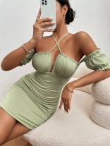 Green Halter Short Sleeve Boat-Neck Bodycon Mini Dress