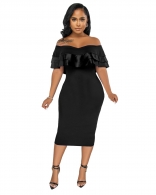 Black Off-Shoulder Foral Low-Cut Bodycon Sexy Midi Dress