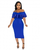Blue Off-Shoulder Foral Low-Cut Bodycon Sexy Midi Dress