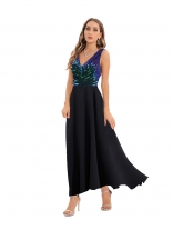 Black Halter V-Neck Sequin Mesh Fashion Women Skirt Dress