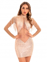 Golden Mesh See-through Sequin Tassels Shoulder Women Bodycon Mini Dress