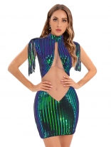 Green Mesh See-through Sequin Tassels Shoulder Women Bodycon Mini Dress