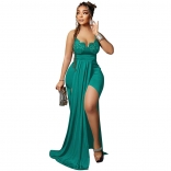 Green Halter Low-Cut V-Neck Lace Sexy Women Maxi Dress