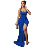 Blue Halter Low-Cut V-Neck Lace Sexy Women Maxi Dress