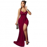 Red Halter Low-Cut V-Neck Lace Sexy Women Maxi Dress