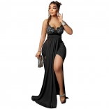 Black Halter Low-Cut V-Neck Lace Sexy Women Maxi Dress