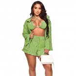 Green Long Sleeve Fashion Sexy Women 3PCS Short Sets