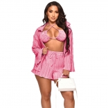 Pink Long Sleeve Fashion Sexy Women 3PCS Short Sets