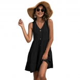 Black Sleeveless Button Fashion Summer Women Jersey Dress