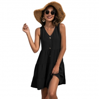 Black Sleeveless Button Fashion Summer Women Jersey Dress
