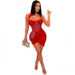 Red Sleeveless Low-Cut Mesh Pleated Bodycon Club Mini Dress