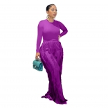 Purple Long Sleeve O-Neck Fashion Tassels Women Jumpsuit