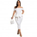 White Off-Shoulder Boat-Neck Foral Fashion Women OL Dress