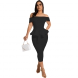 Black Off-Shoulder Boat-Neck Foral Fashion Women OL Dress