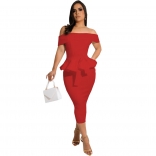 Red Off-Shoulder Boat-Neck Foral Fashion Women OL Dress