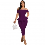 Purple Off-Shoulder Boat-Neck Foral Fashion Women OL Dress