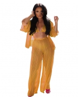 Yellow Mesh Fashion 3PCS Women Sexy Summer Catsuit Dress