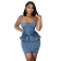 Blue Halter Low-Cut Jean Bodycon Foral Mini Dress