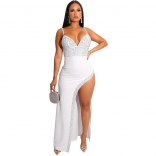White Halter V-Neck Rhinestone Bodycon Sexy Women Maxi Evening Dress
