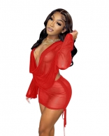 Red Mesh Long Sleeve Deep V-Neck Sexy Pant Sets