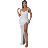 White Off-Shoulder Sleeveless Mesh Rhinestone Slit Women Maxi Long Dress