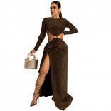 Khaki Long Sleeve Silk Shinny Hollow-out Women Fashion Long Dress