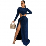 RoyalBlue Long Sleeve Silk Shinny Hollow-out Women Fashion Long Dress