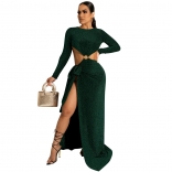 Green Long Sleeve Silk Shinny Hollow-out Women Fashion Long Dress