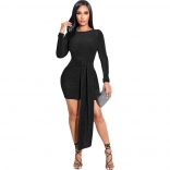 Black Long Sleeve Silk Long Belt Women Bandage Mini Dress