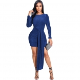 Blue Long Sleeve Silk Long Belt Women Bandage Mini Dress