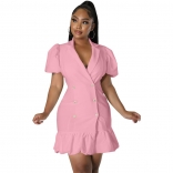 Pink Short Sleeve V-Neck Fashion Women Skirt Dress