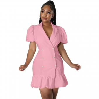Pink Short Sleeve V-Neck Fashion Women Skirt Dress