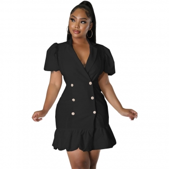 Black Short Sleeve V-Neck Fashion Women Skirt Dress