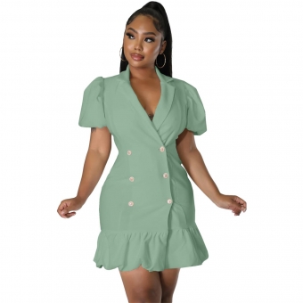 Green Short Sleeve V-Neck Fashion Women Skirt Dress