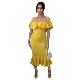 Yellow Foral Off-Shoulder Bodycon Women Fashion Midi Dress