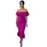 Purple Foral Off-Shoulder Bodycon Women Fashion Midi Dress