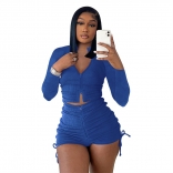 Blue Zipper Long Sleeve Cotton 2PCS Women Short Sets