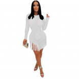 White Mesh Long Sleeve Rhinestone Fashion Tassels Women Mini Dress